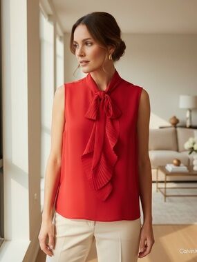 Calvin Klein Red Ruffle Tie-Front Sleeveless Top